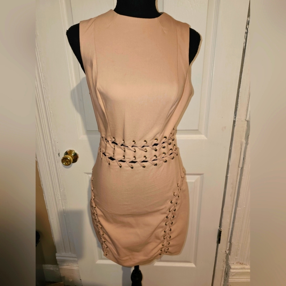 Guess Vintage Y2K Lacey Bandage Bodycon mini dress, tan. As seen on J.Lo